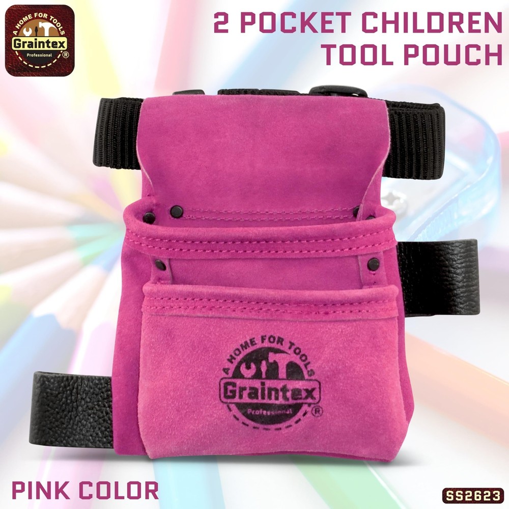 Graintex Kids Pink Suede Leather Tool Pouch - Adjustable Belt, Hammer Loop
