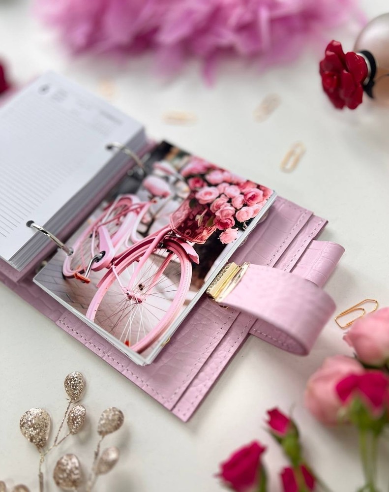 Pink leather notebook cover A7 6 rings mini wallet, Mini Planner Binder.