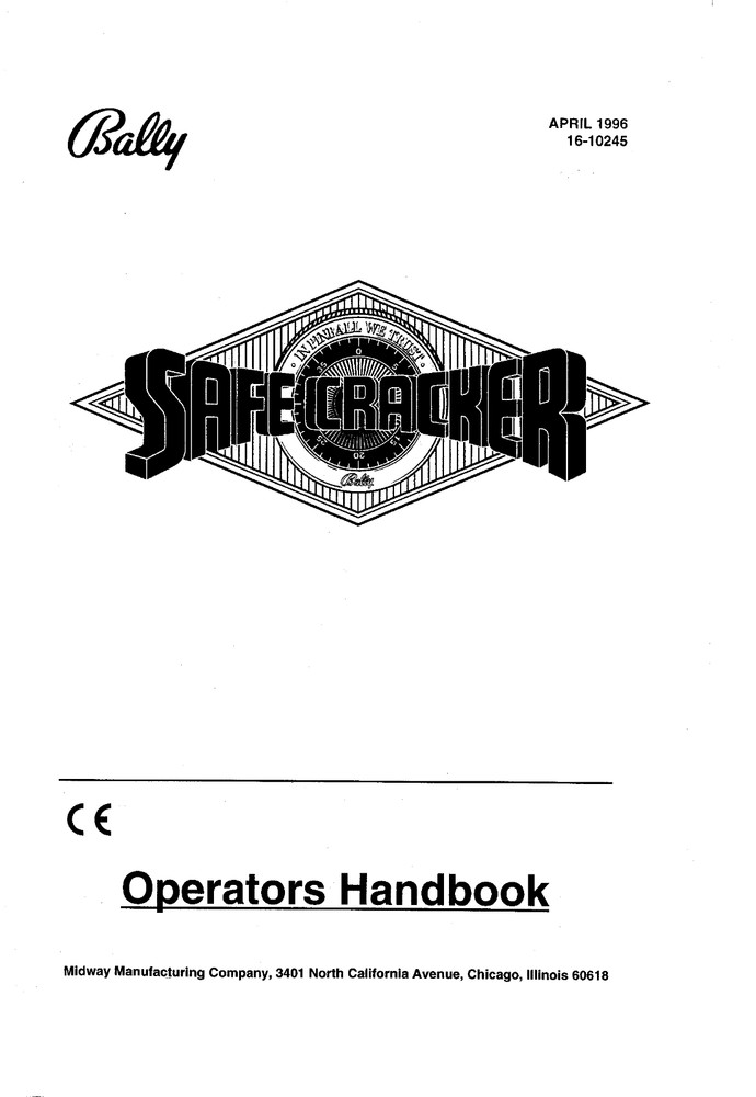 Bally Safe Cracker Pinball Machine Operators Handbook: 18 Pages Copy