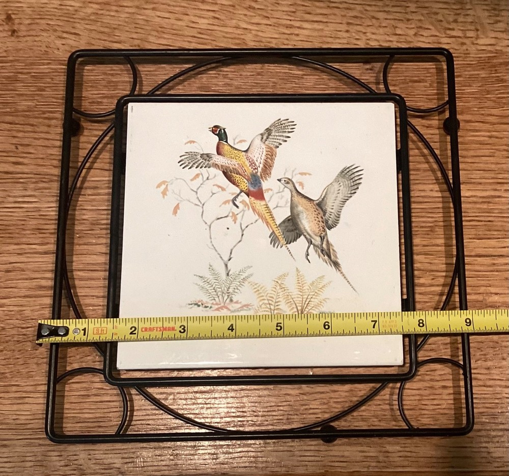 Mettlach Tile Trivet w/casing, Pheasants