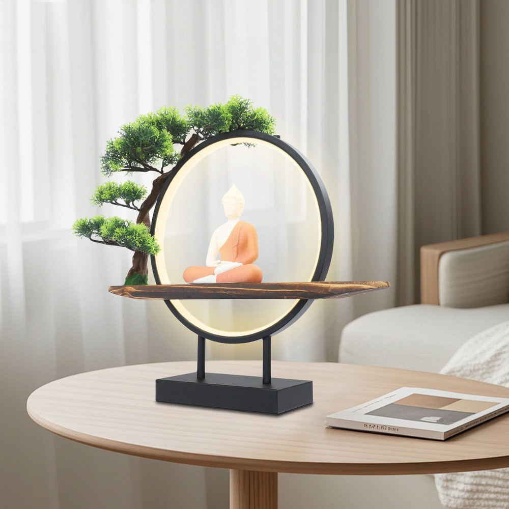 Desktop Decorative Buddha Statue Ornament Home Decor with Green Artificial Tree