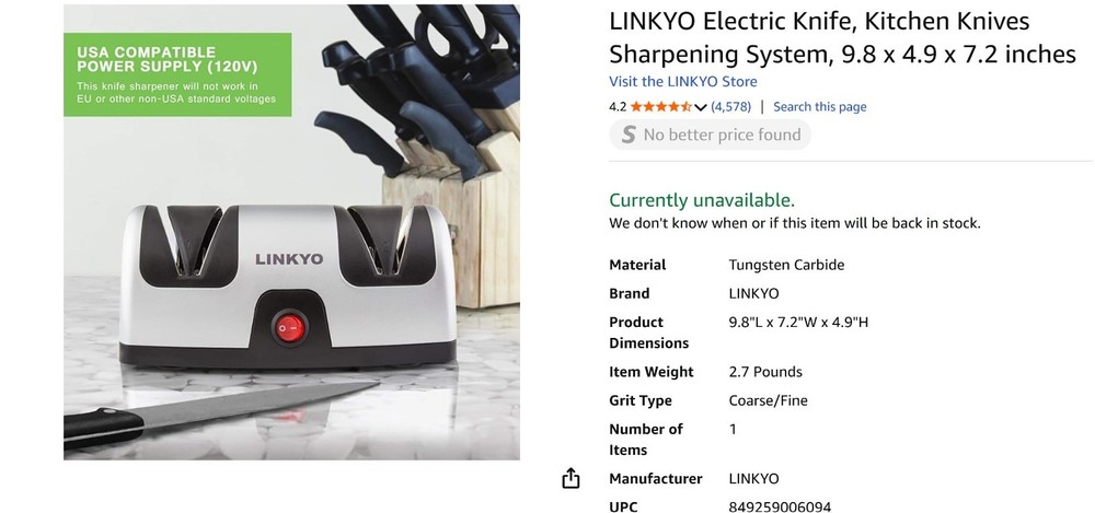 Linkyo Electric Knife Sharpener - Professional Kitchen 2 Stage Sharpening