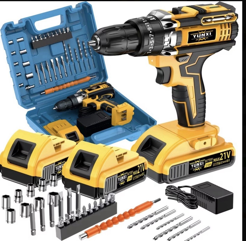 YUNXI 21V Cordless Drill Set, 3 Batteries, LED Light, Drill Bits, Carry Case