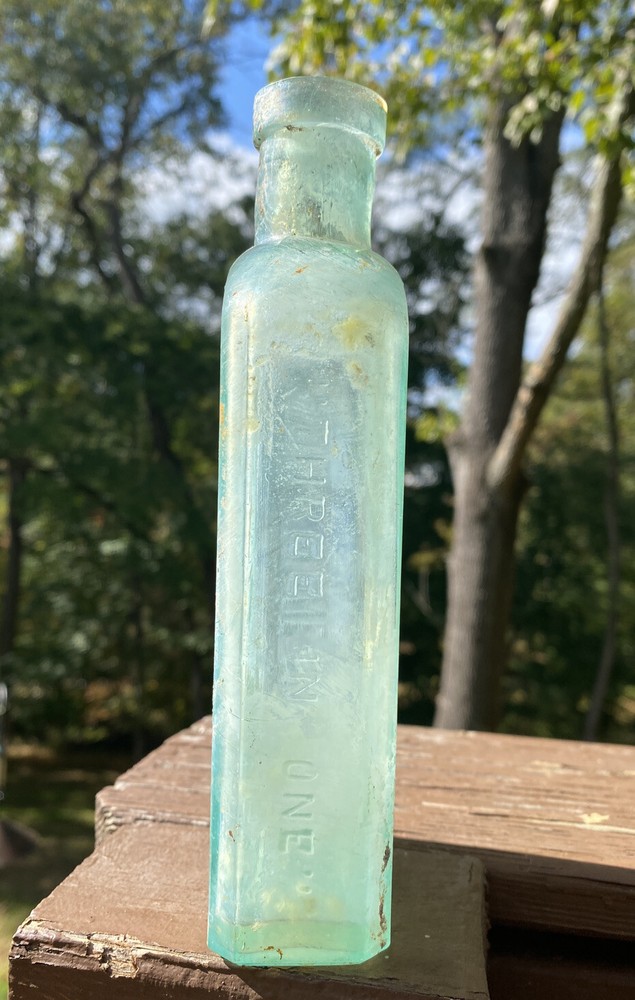 Three In One Oil Co, Blown Aqua Bottle