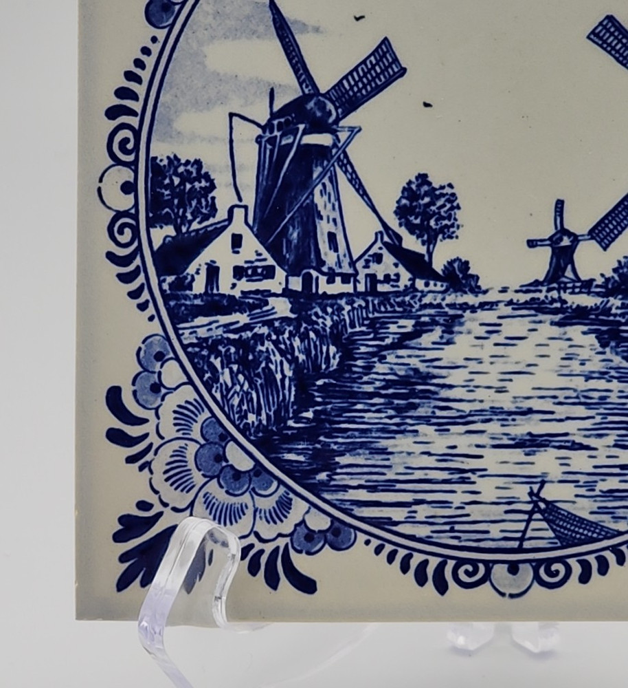 Delft Blauw Two Windmills on River Tile 6" x 6"
