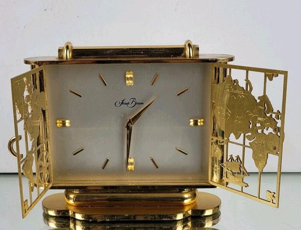 Saint Blaise Gold Tone Mantel Clock World Map Cutout