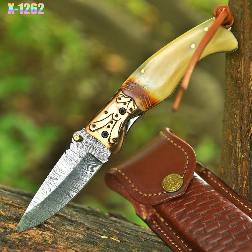 Damascus Folding Blade Pocket Knife Case -Original Camel Bone Handle