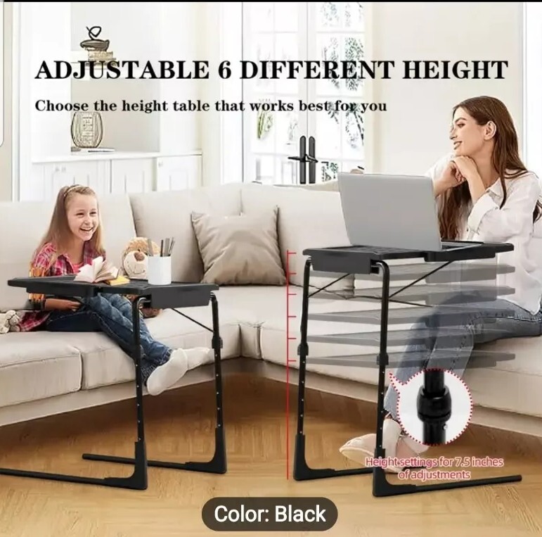 Portable & Foldable Comfortable Adjustable TV Tray Table Stand + Cup Holder Blac