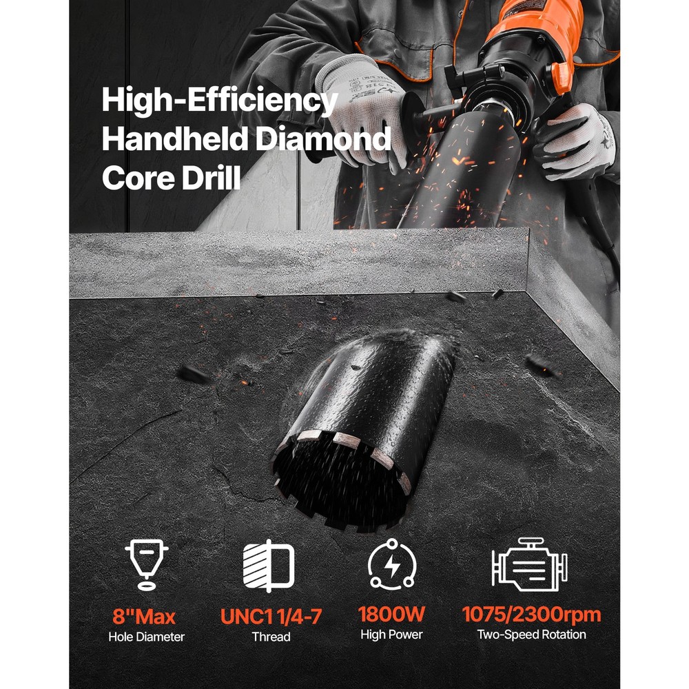 Diamond Core Drill Machine Handheld Concrete Core Drill Rig 8 in Dia 1800W
