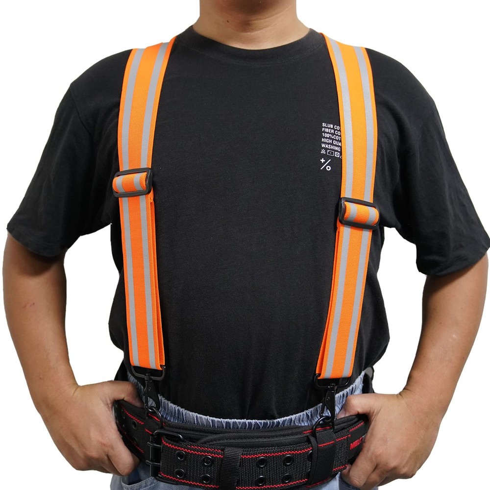 Men Reflective Work Suspenders 2" Elastic High Visibility Tool Belt Snap Hooks
