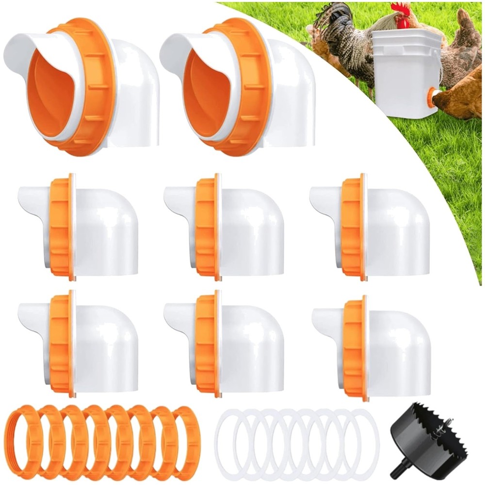 Effortless Feeding: 8 Pack Automatic Chicken Feeder Ports with Drill Bit & Lids