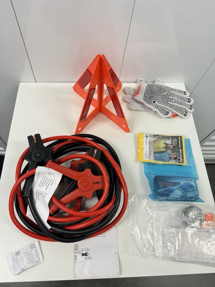 Emergency Roadside Assistance Kit - Jumper Cables, Safety Tools, First Aid