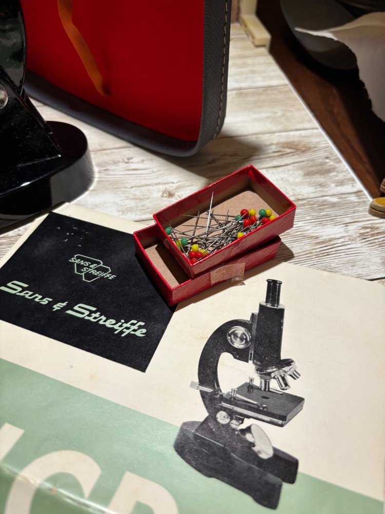 Vintage Sans & Steiffe Microcscope with case, tools and asst slides