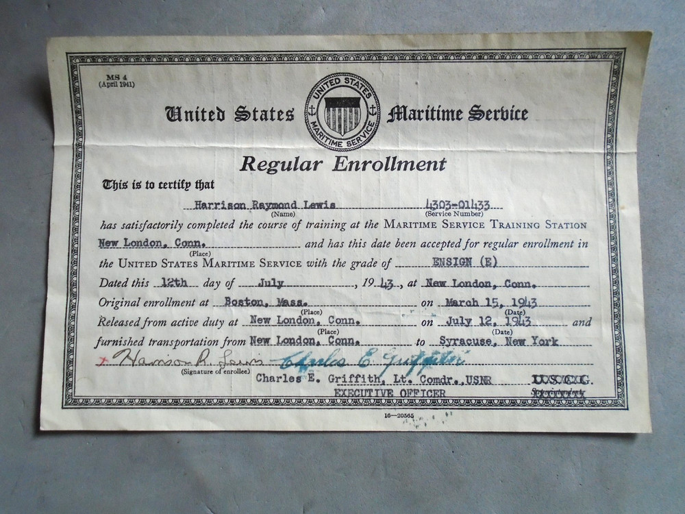 US maritime Service Regular Enrollment certificate