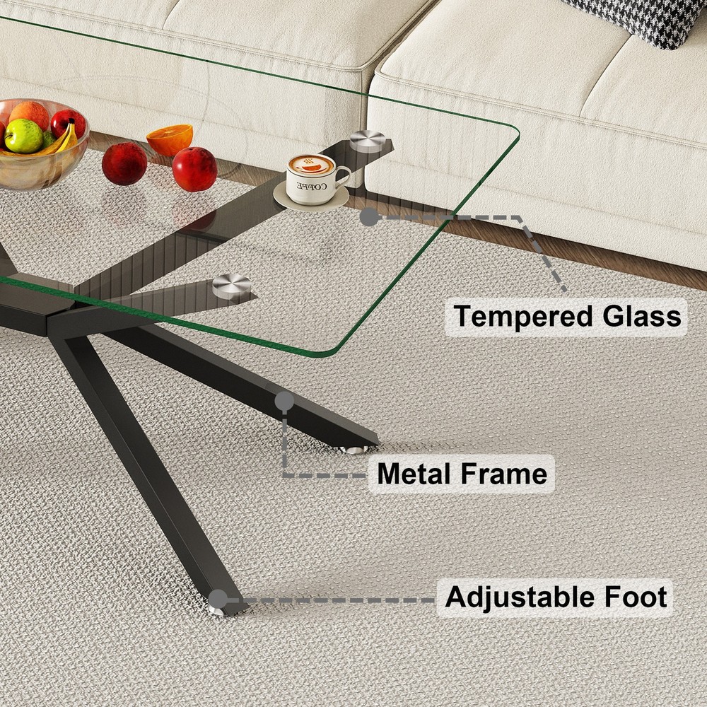 39.37" Rectangular Clear Tempered Glass Coffee Table,Stylish Design with Black