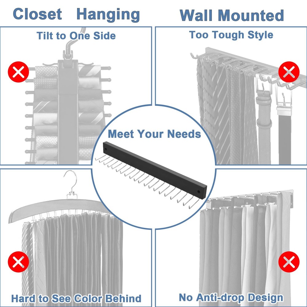 2 In 1 Tie Rack Belt Organizer Wall Mounted Space Saving 20 Hooks Hanger