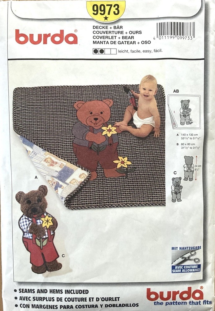 Burda 9973 Coverlet Blanket and Bear Pattern One Size Uncut