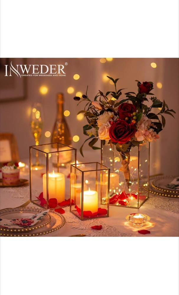 Glass Hurricane Candle Holder: 3 Pcs Gold Large Rectangular Lantern