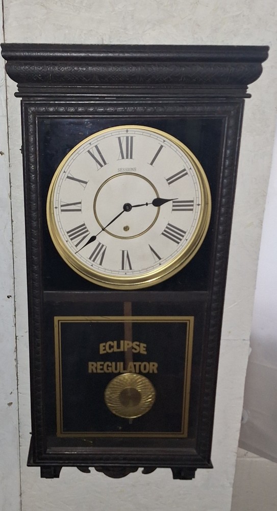 ANTIQUE SESSIONS SHOP REGULATOR "ECLIPSE" WALL CLOCK PENDULUM & KEY WORKING
