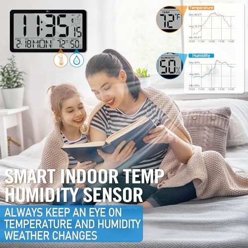 Atomic Digital Wall Clock, Battery Operated with Temperature & Black -Atomic