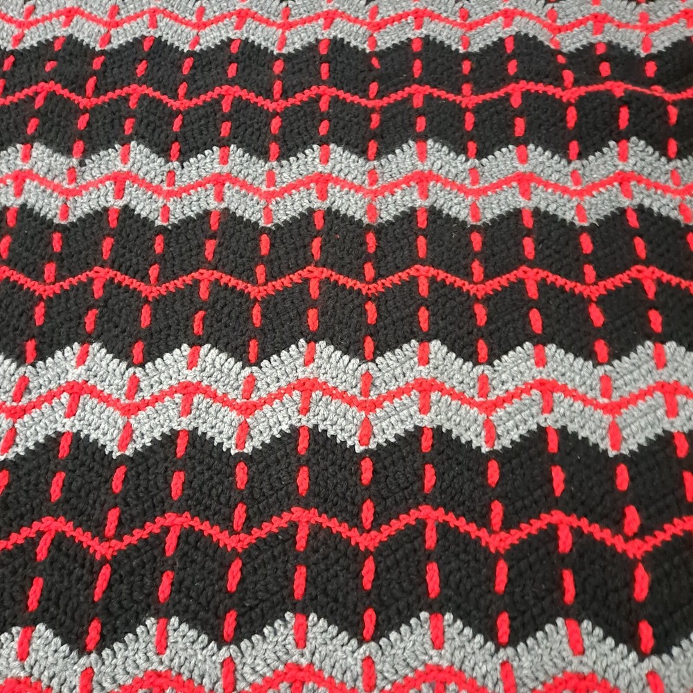 Afghan Blanket Red Black Grey Crocheted Bed Throw 48" x 67"