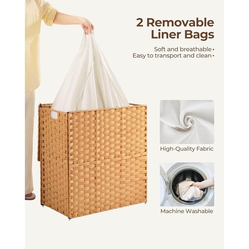 Handwoven Laundry Hamper Waterproof Removable Liner Easy Carry Divided Storage