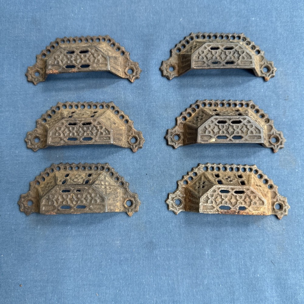 6 Antique Victorian Eastlake Pierced Cast Iron Bin Drawer Pulls Cup Drawer Pulls