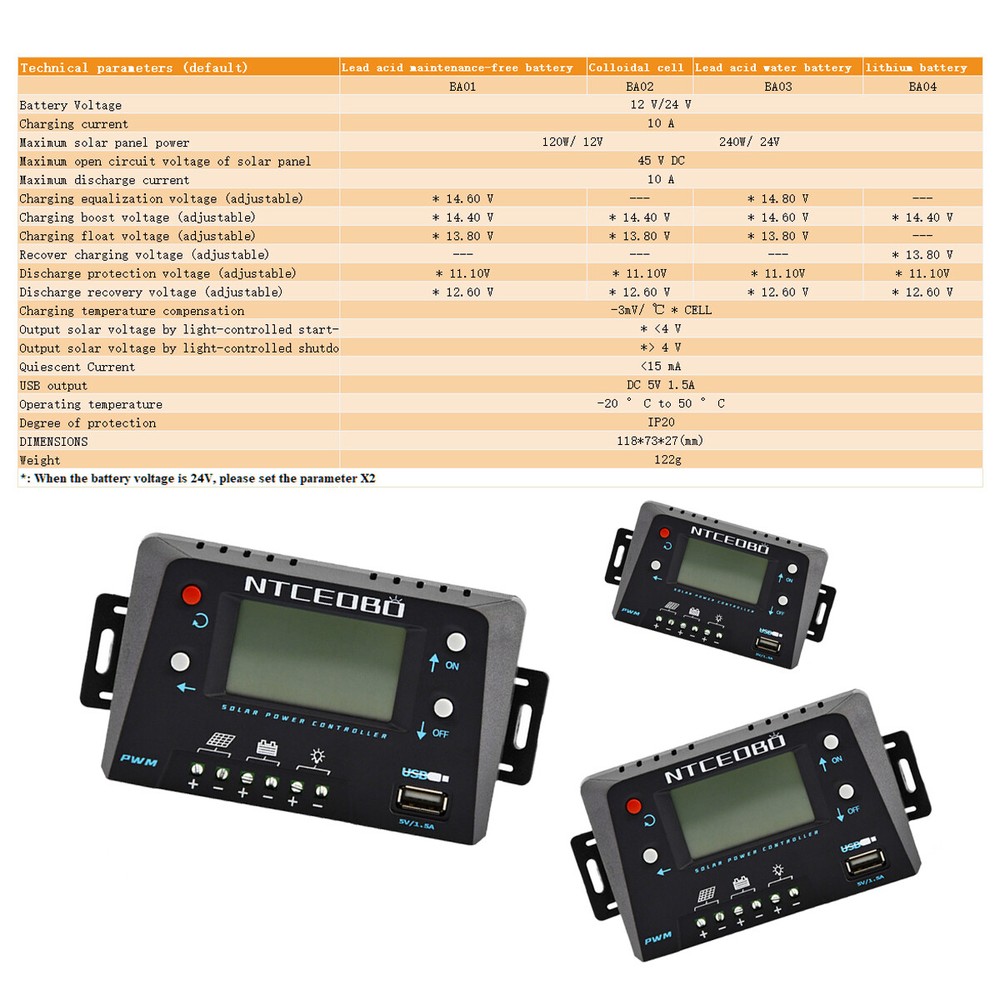 Large LCD Display 10A Solar Charge Controller 12V/24V,Double Button,USB Port