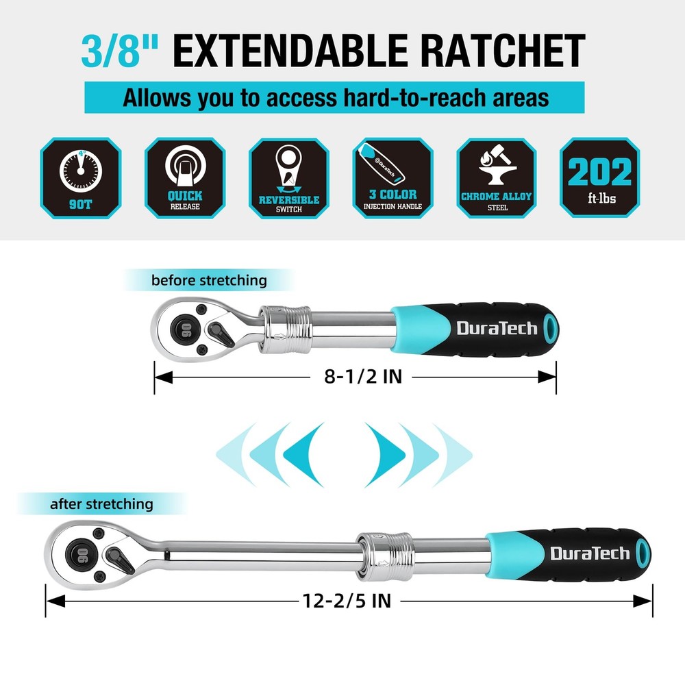 DURATECH 3/8-Inch Drive Extendable Ratchet, 90-Tooth 3/8", Chrome