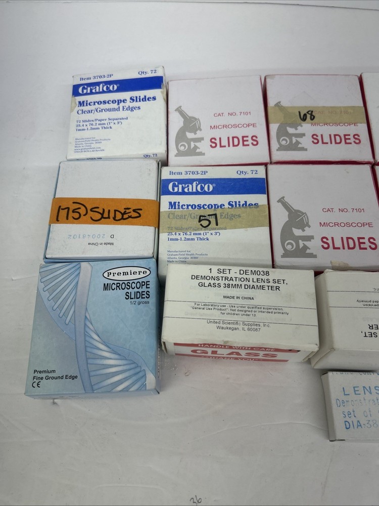 Assorted Microscope Slides And Lenses