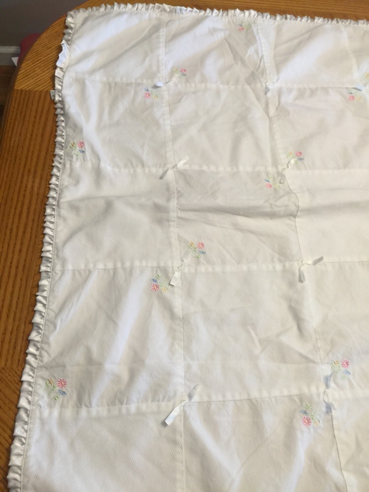 Carters White Patchwork Baby Blanket White Square Embroidered Flowers