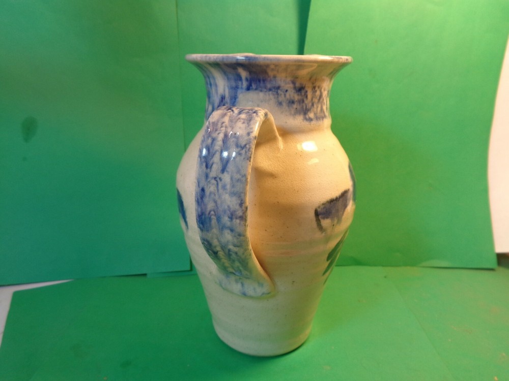 Studio Pottery 8 1/2" Pitcher, Bird Pattern, Signed (Used/EUC)