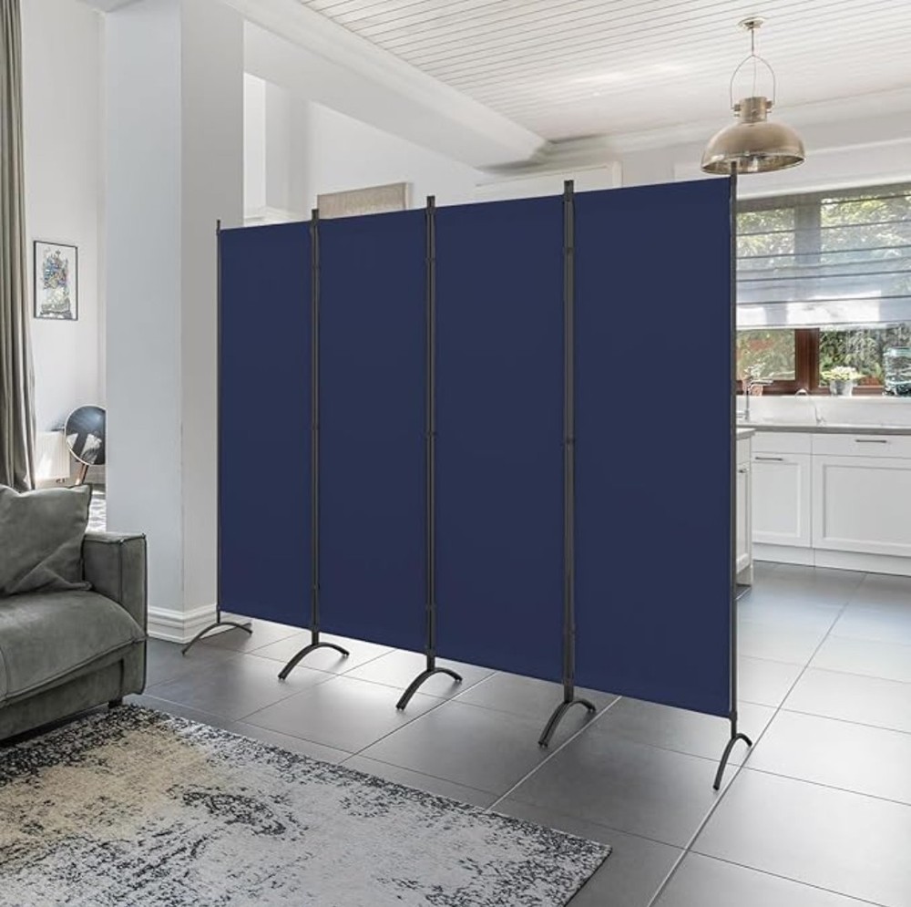 4 Panel Blue Room Divider With 5 Shoes For Stability