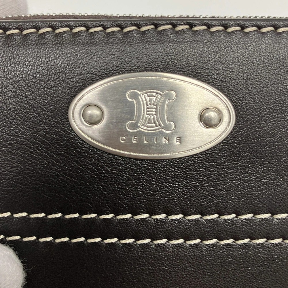 CELINE Compact Wallet Leather Dark Brown Bifold Triomphe Plate Folded