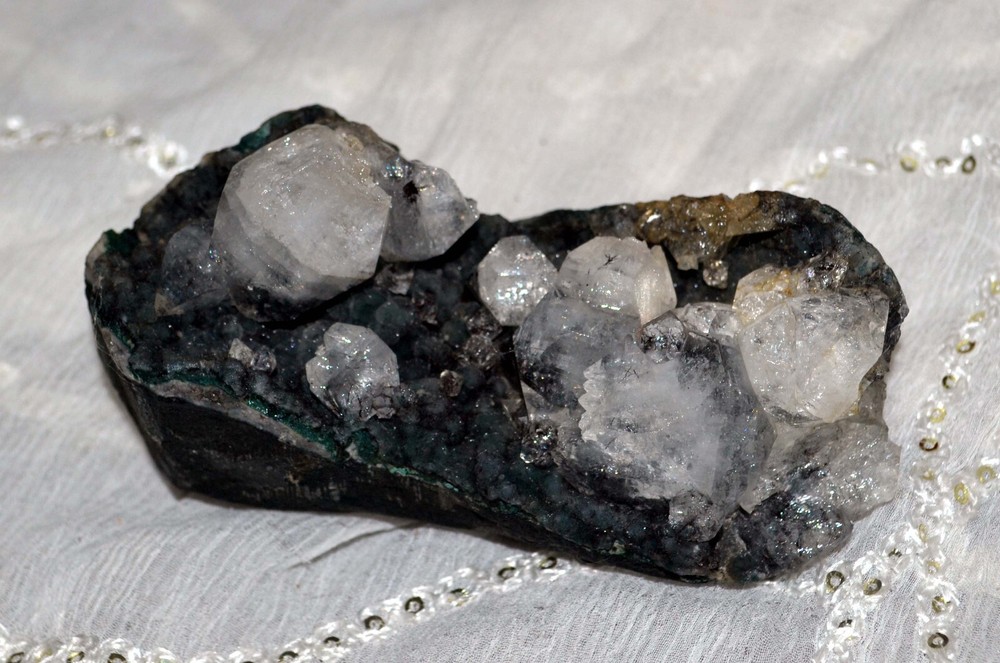 Apophyllite Crystals On Black Chalcedony Base I-19