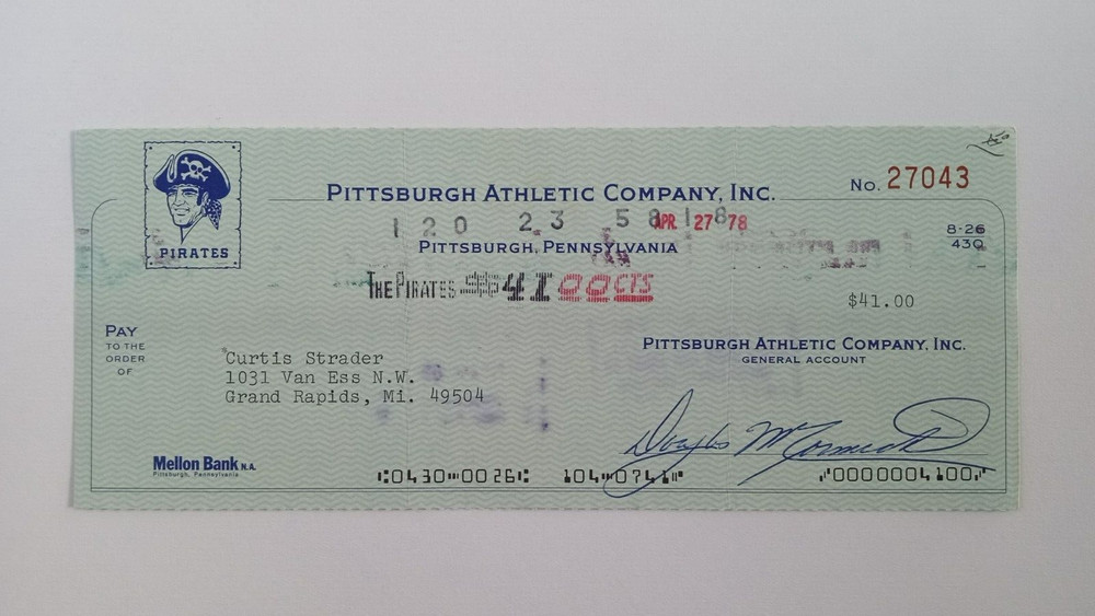 Curtis Strader: 1978 Pittsburgh Pirates Expense Check
