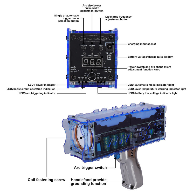 Handheld Tesla Coil Gun Arc Generator Trigger Mode Artificial Lightning DIY New