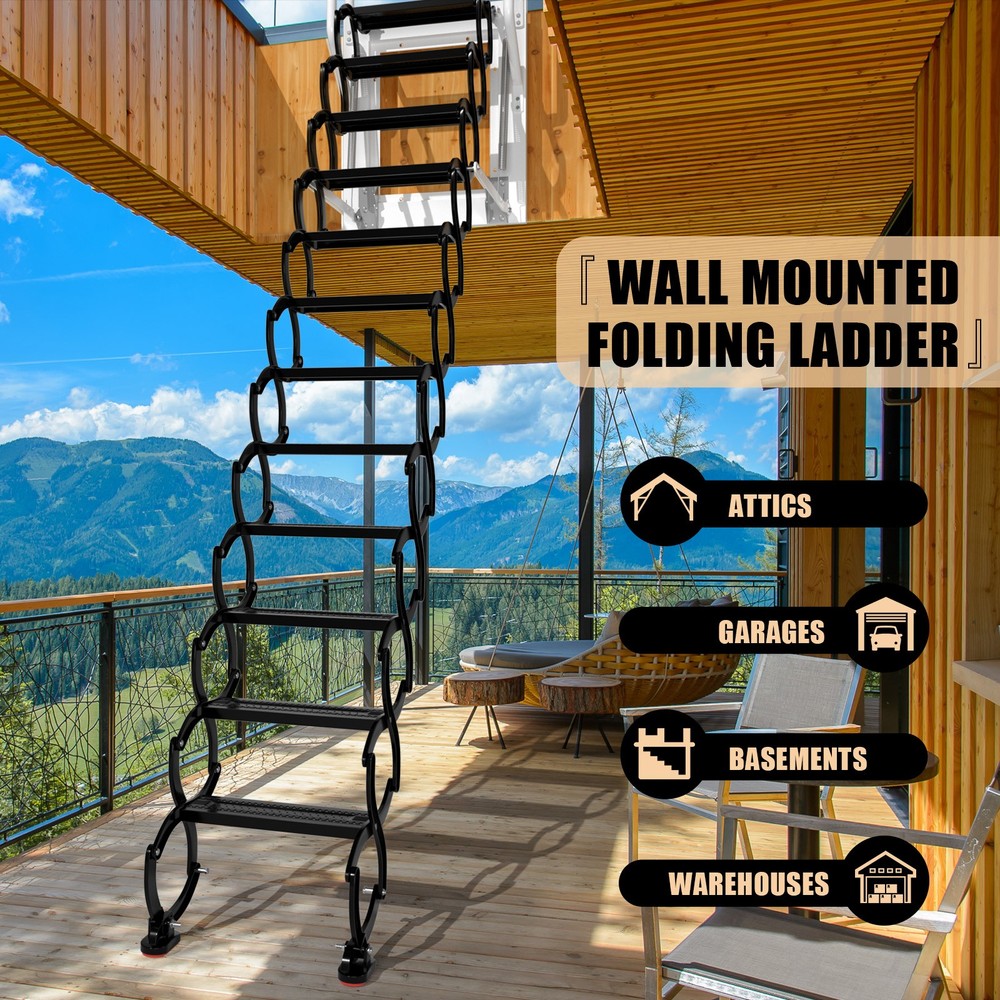 Wall Mounted Folding Ladder Black Loft Attic Stairs Pull down 12 Steps👍