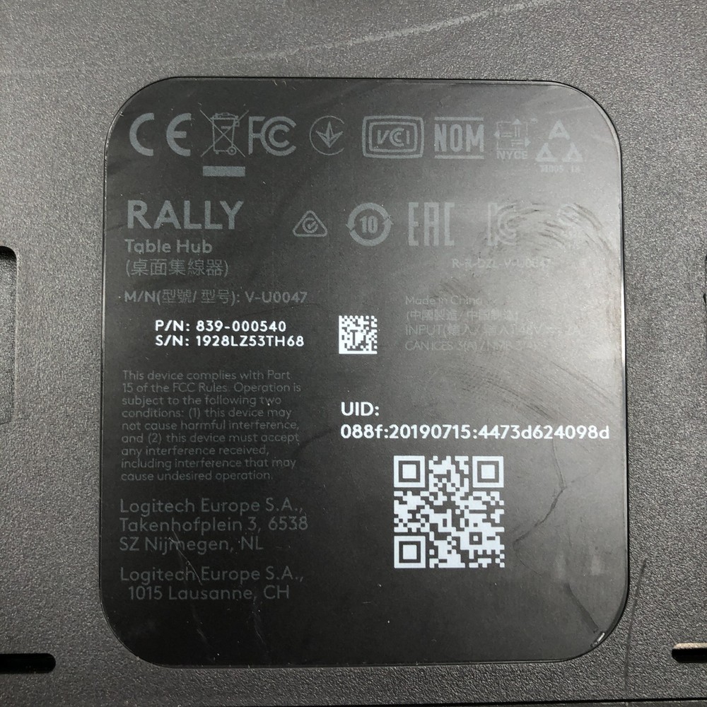 Logitech Rally V-U0047 Conference System Table Hub, Display Hub, & Camera