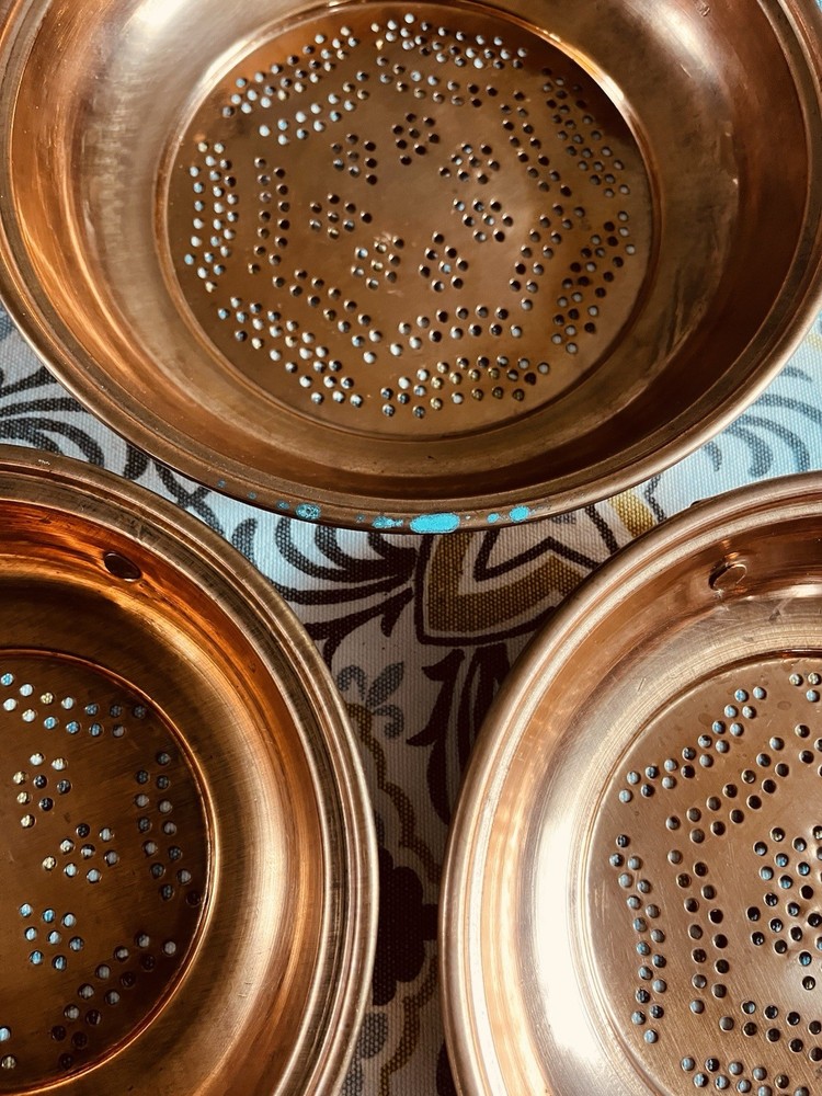 3 Vintage Solid Copper Sieve Strainer Colander Patina Verdigris With Brass Ring
