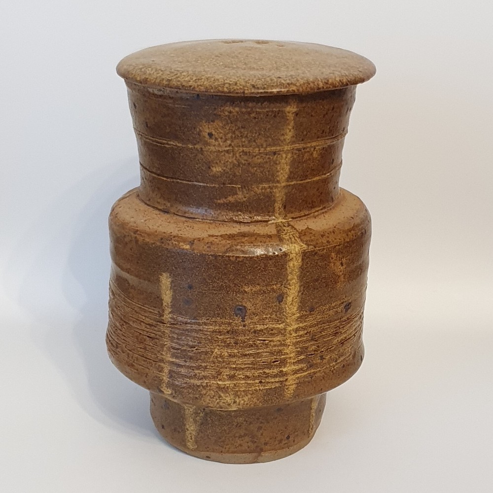 Vintage MCM Earthenware Covered Jar Ash Glaze Threaded 6.5"H Signed