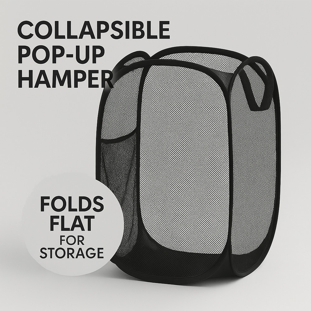 Pop Up Laundry Hamper Basket with Side Pocket – Foldable Fabric Bin for Clothes