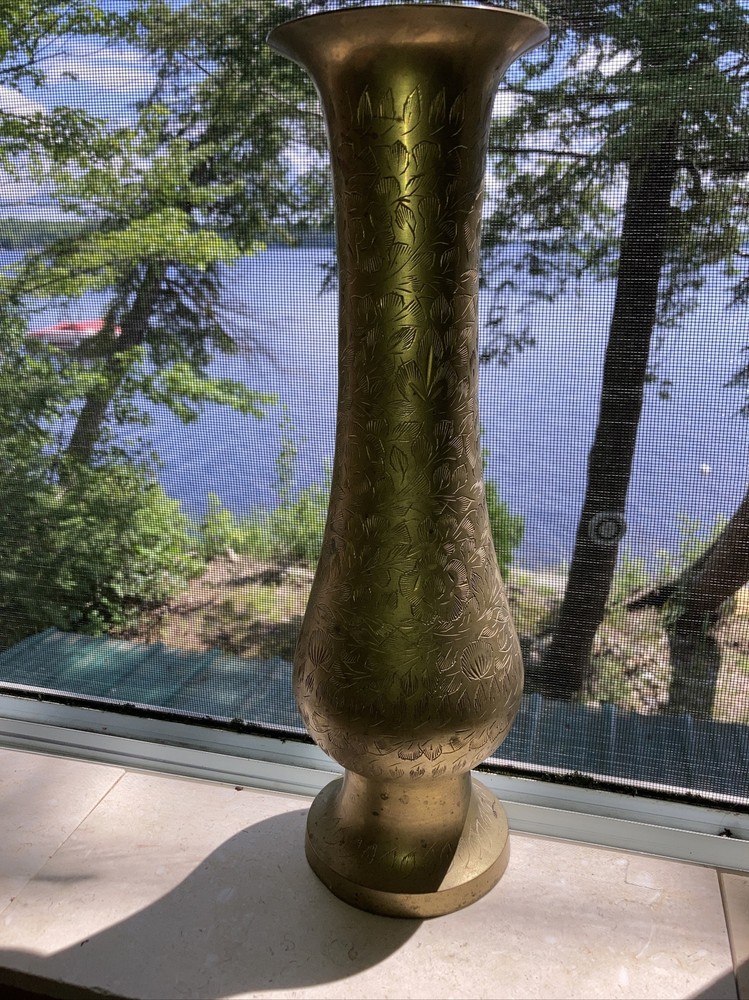 vintage large heavy solid Engraved ￼brass vase 14”