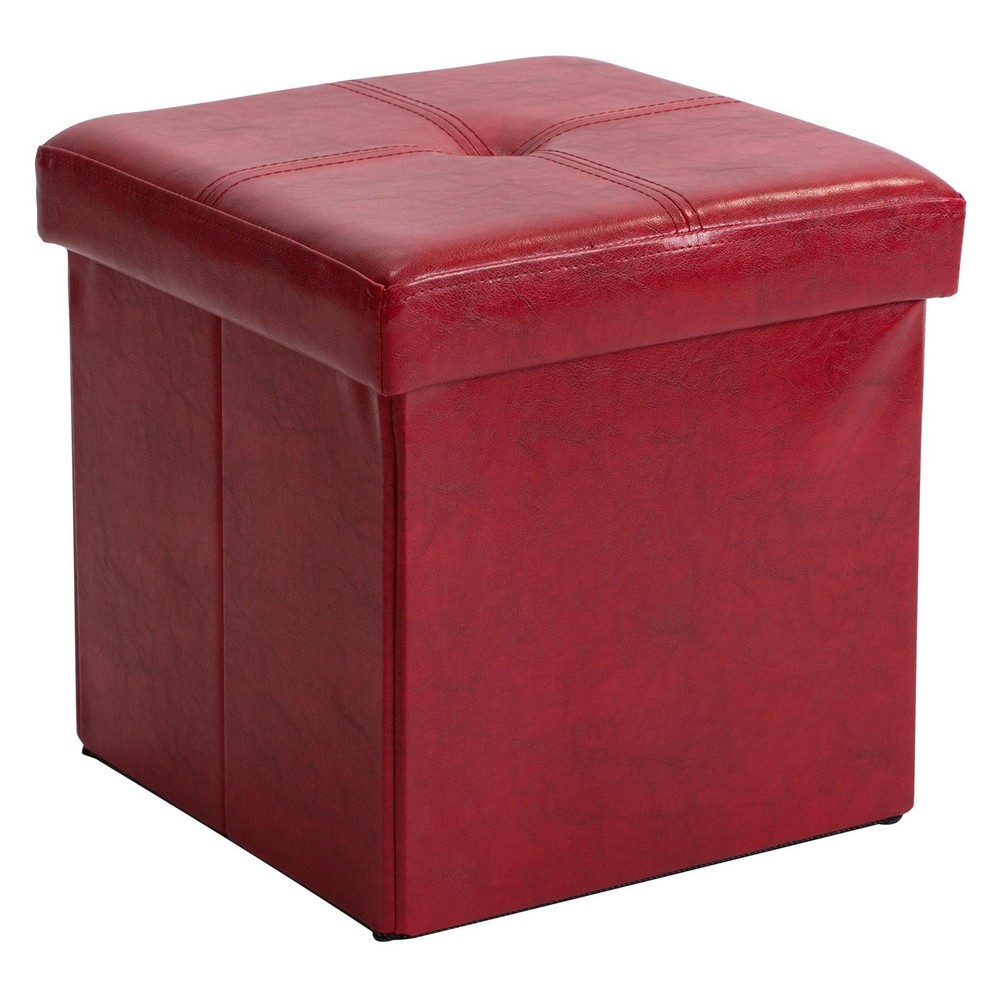 Faux Leather Folding Storage Ottoman Cube in Red