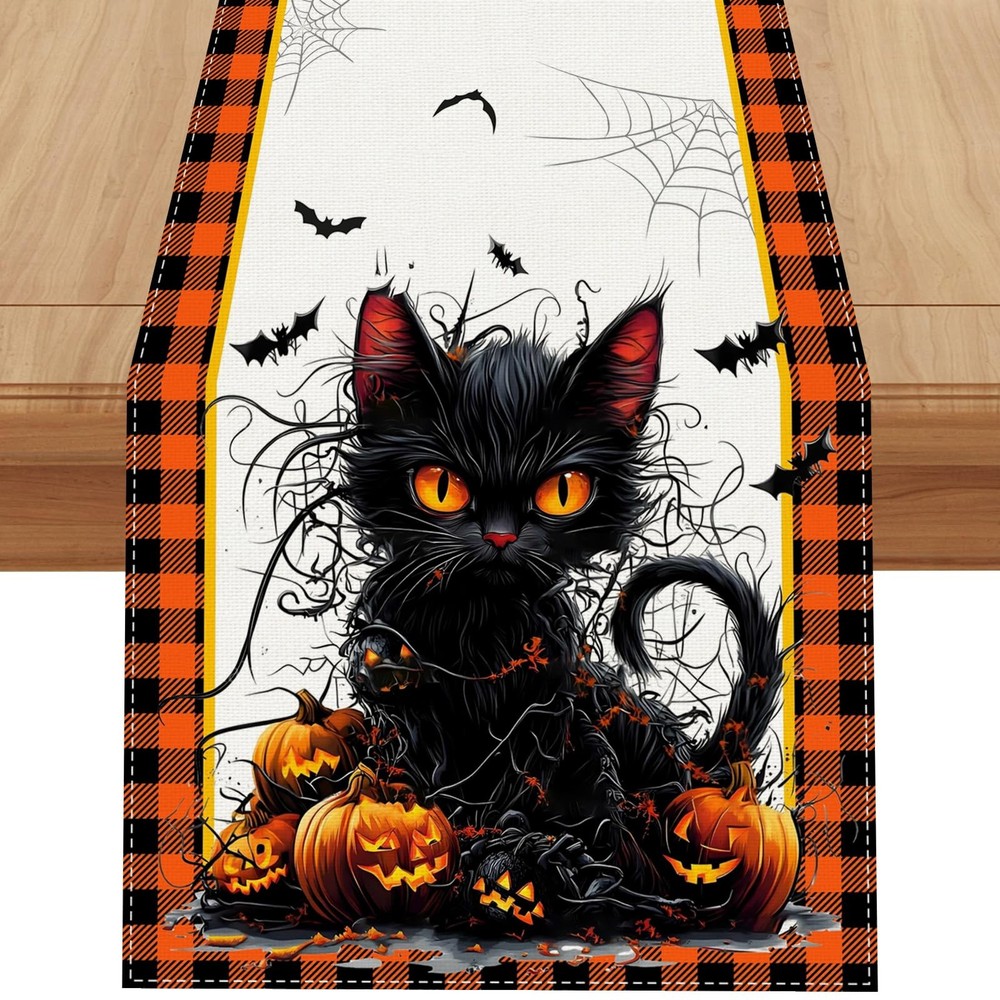 Halloween Decorations Black Cat Pumpkin Bat Spiderweb Table Runner Gift 13"x72"