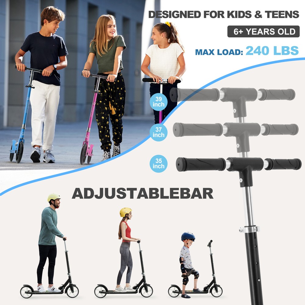 Kick Scooters for Teens & Adults Foldable Adjustable Handlebar 8" Wheels Scooter
