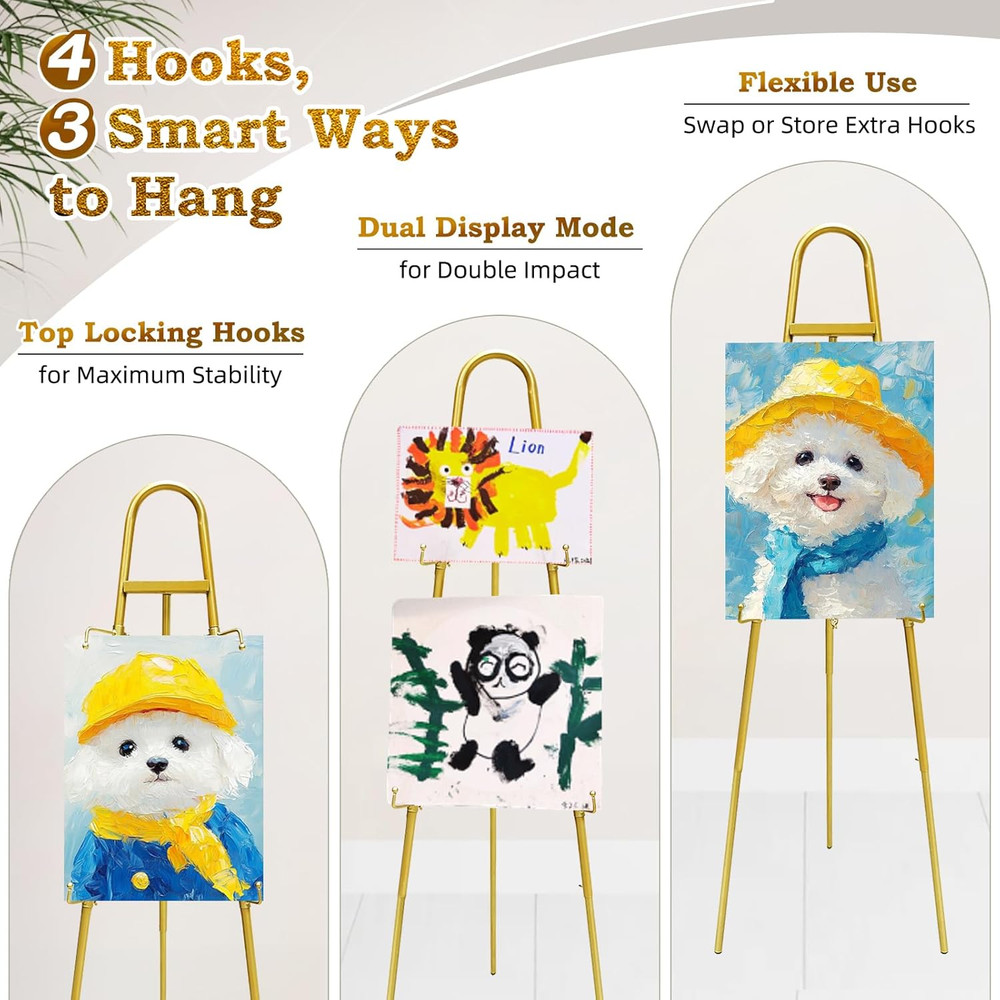 Height Adjustable Gold Easel Stand for Signs with Hooks and Display Modes