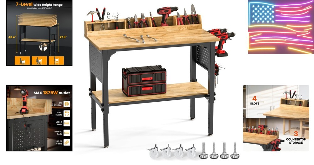 Workbench Adjustable Height Heavy Duty Work Bench with Storage, 2200 LBS Load...