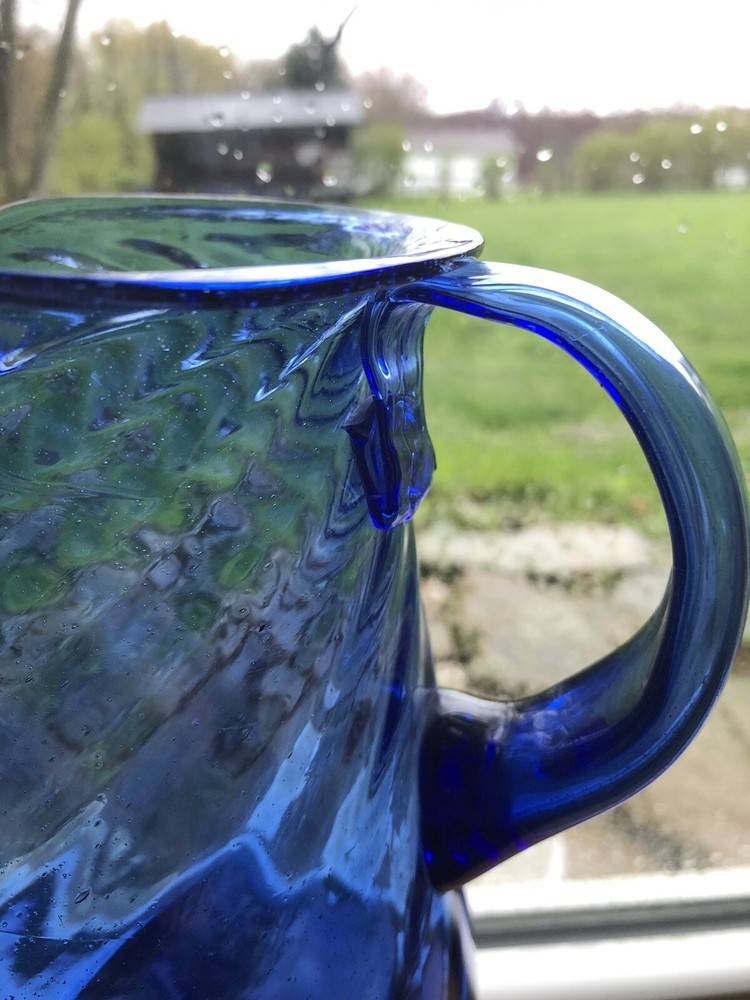 Large Cobalt Swirl Blown Glass Pitcher