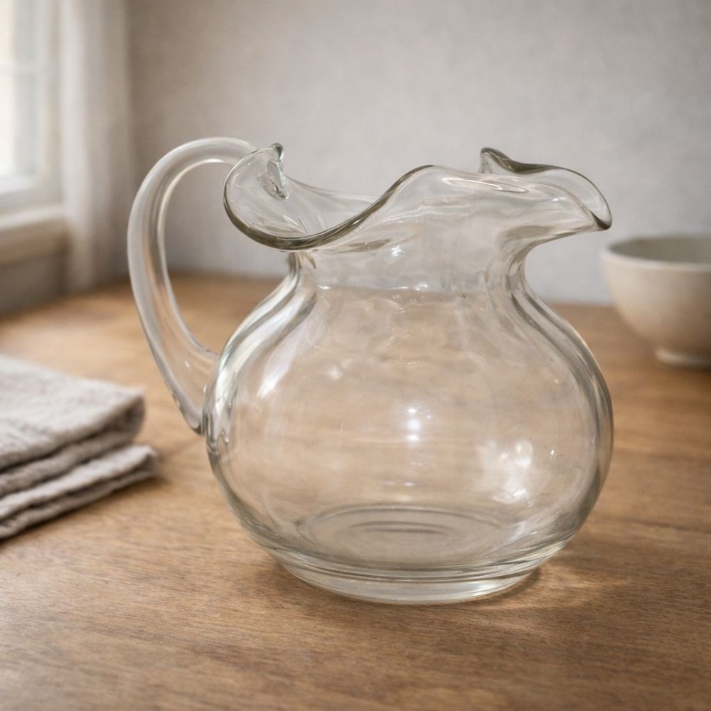 Handblown Clear Glass Pitcher With Ruffled Rim And Sturdy Handle